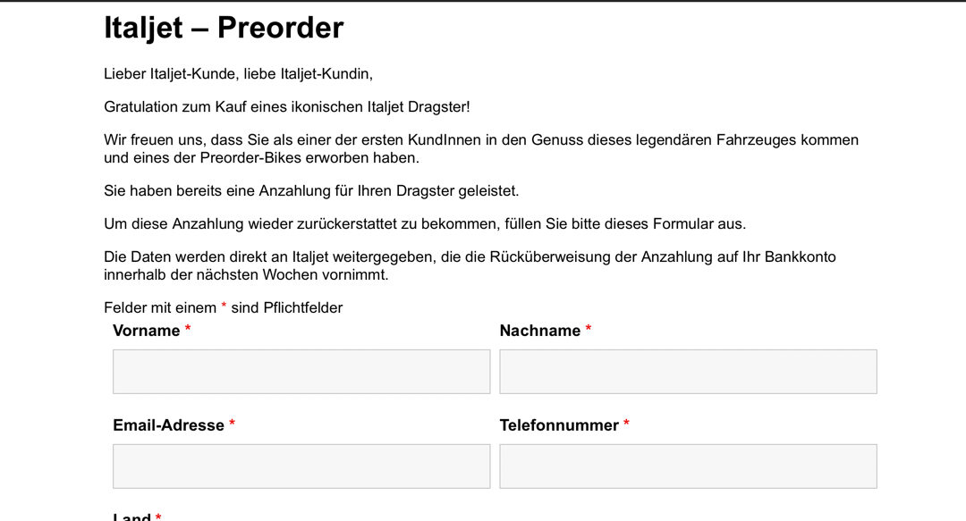 KSR/Italjet Rückzahlung der Anzahlung | Italjet – Preorder Formular Online