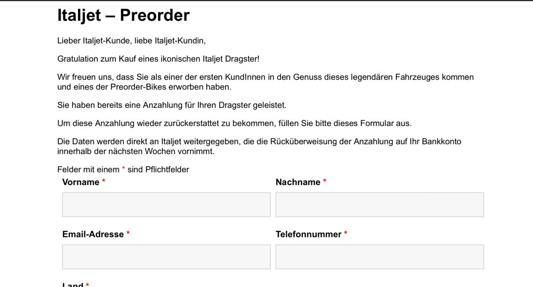 KSR/Italjet Rückzahlung der Anzahlung | Italjet – Preorder Formular Online